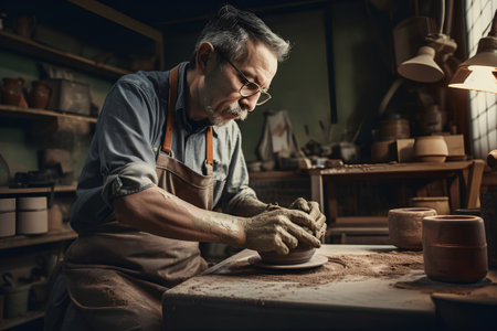 Portrait of a senior potter working on a pottery wheelの素材