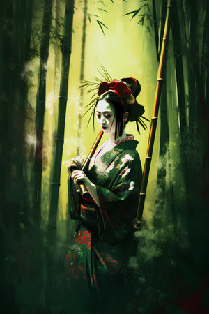 Beautiful geisha in traditional Japanese kimono with bamboo forest backgroundの素材