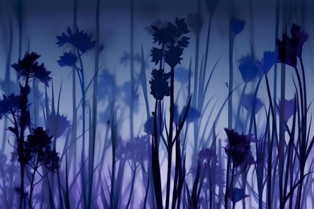floral background with wild flowers and plants in the meadow at nightの素材