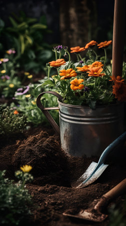 Gardening tools and flowers in the garden. Gardening concept.の素材