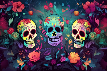 Day of the Dead background with skull and flowers. Vector illustration.の素材