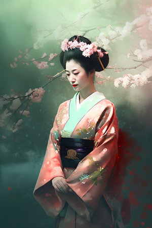 Beautiful asian woman in kimono with cherry blossomの素材