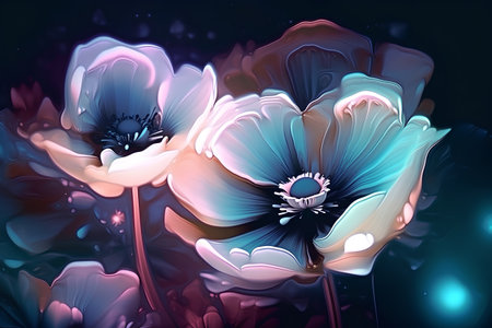 Digital illustration of a poppy flower in blue and pink with glowing lightsの素材