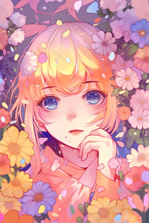 Cute little girl with flowers in her hair, vector illustration.の素材