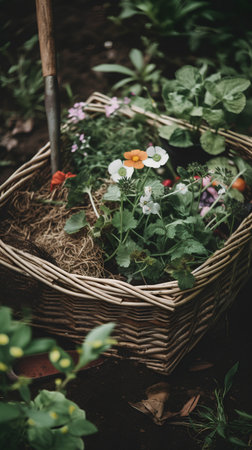 Gardening tools in a wicker basket with flowers and plants.の素材