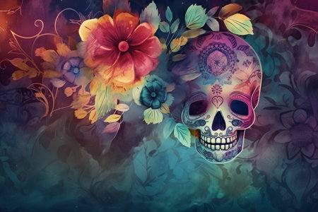 Skull with floral ornament on grunge background with space for textの素材