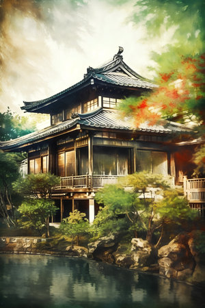 Beautiful japanese house in the garden. Digital painting.の素材