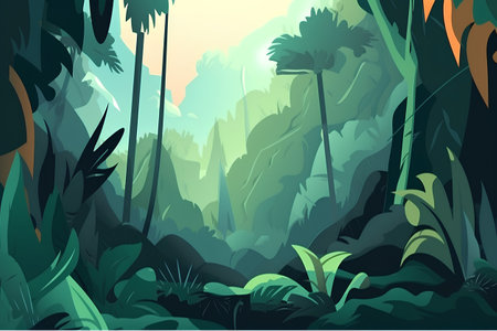 Tropical jungle background. Vector illustration of jungle landscape with trees and plants.の素材