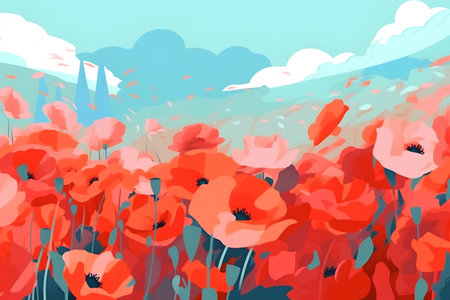 Red poppies on a blue sky background. Vector illustration.の素材
