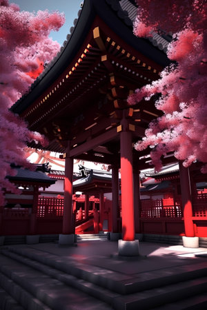 Beautiful temple in Japan with cherry blossom tree in the backgroundの素材