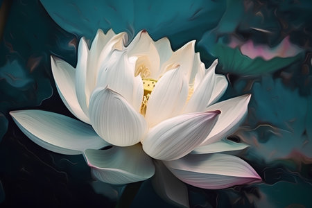 White lotus flower on blue water background. 3D rendering.の素材