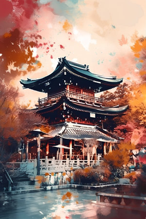 Beautiful chinese temple in the autumn. Digital watercolor paintingの素材