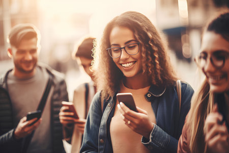 Group of young people walking in the city and using mobile phones.の素材