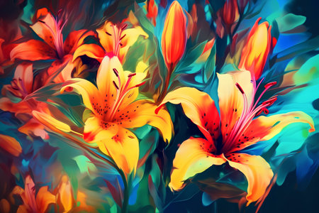 Beautiful lily flowers on a colorful background.  illustration.の素材