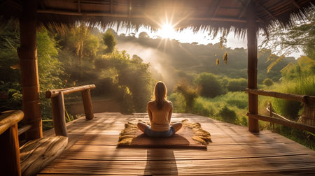 Young woman practicing yoga on a wooden terrace in the morning.の素材