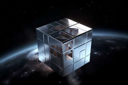 3D render of a cube in space against a background of starsの素材