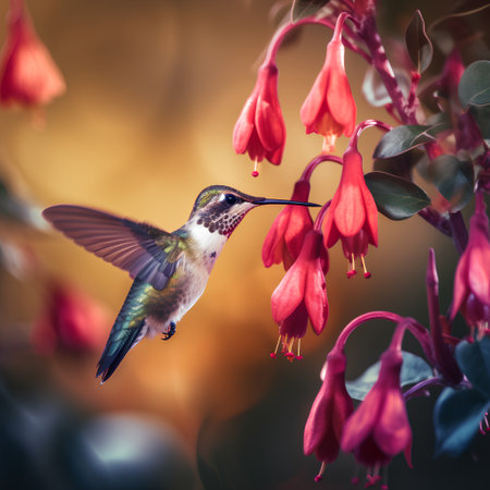 Ruby-throated Hummingbird (archilochus colubris) feeding on a red flowerの素材