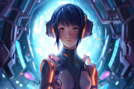 female robot in futuristic space with HUD elements, 3d render illustrationの素材