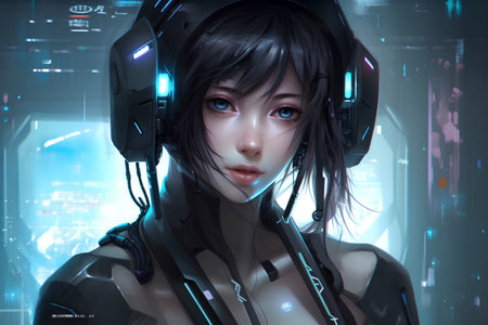 Cyborg girl in futuristic cyberspace concept. 3D renderingの素材