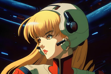 Illustration of a girl with headphones in a futuristic space station.の素材