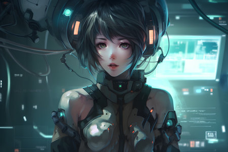 3D rendering of a female robot in a futuristic space station.の素材