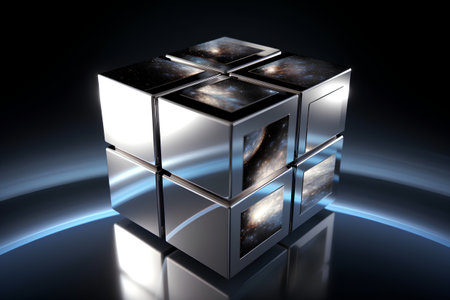 abstract 3d illustration of metal cube in dark space with starsの素材