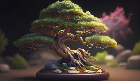 Bonsai tree in a pot, 3d render. Natural backgroundの素材