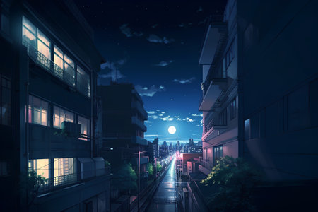 3d render of a street in the city at night time.の素材
