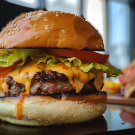 Closeup of tasty cheeseburger with beef patty, lettuce, tomato and cheeseの素材