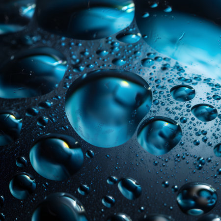 Water drops on a blue background. Shallow depth of field.の素材