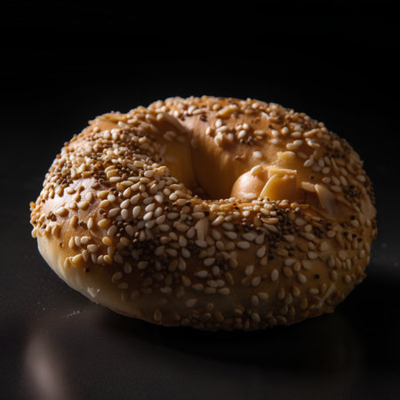 Freshly baked bagel with sesame seeds on a black backgroundの素材