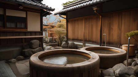 Japanese garden with a wooden bathtub in front of a Japanese houseの素材