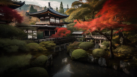 Autumn Japanese garden with red maple trees and pagoda in Kyoto, Japanの素材