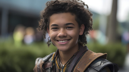 Portrait of a smiling african american boy in the cityの素材