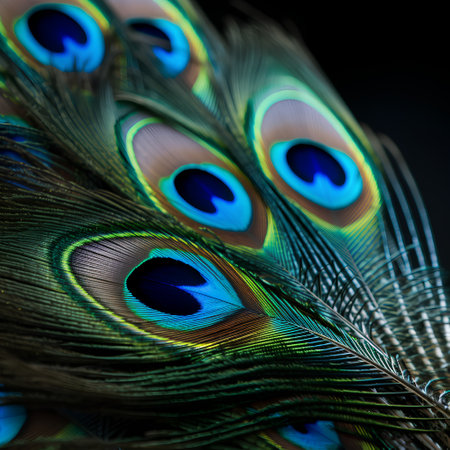 Beautiful peacock feathers on a black background. Close-up.の素材