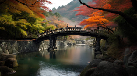 Autumn leaves in japanese garden with bridge in the middleの素材