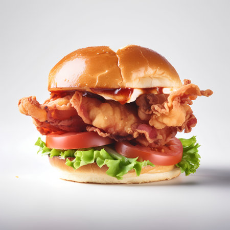 Burger with fried chicken, lettuce and tomato on white background.の素材
