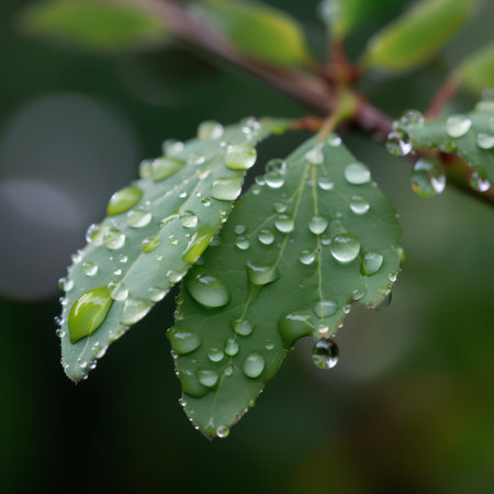 Water drops on green leaves after rain. Shallow depth of field.の素材