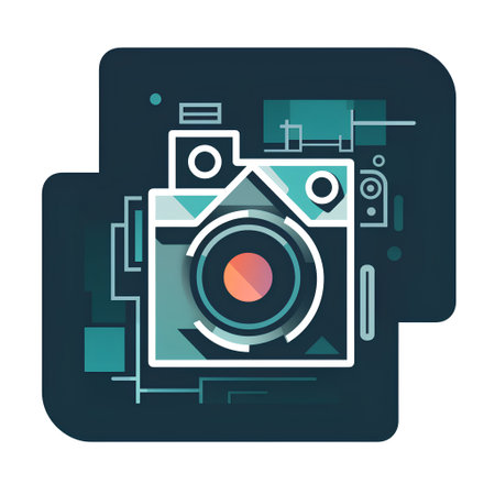Retro camera on blue background. Vector illustration in flat style.の素材