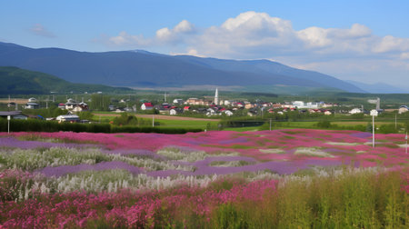 Beautiful summer landscape with colorful flowers in the meadow and mountainsの素材