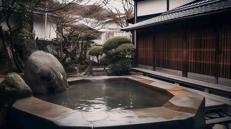 Japanese garden with pool and wooden house in Japan. Vintage style.の素材