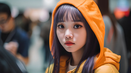 Beautiful asian woman in yellow raincoat in shopping mall.の素材