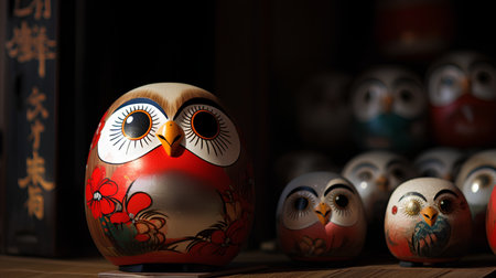 Easter eggs in the form of owls on a dark backgroundの素材