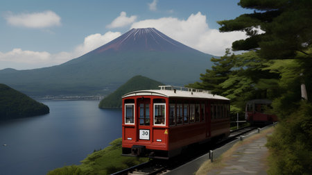 Mt. Fuji with a train at Lake Kawaguchikoの素材