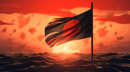 Japan flag waving in the wind on a sunset background. 3D Renderの素材