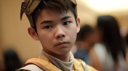 Portrait of a boy in a costume of a traveler at the airportの素材