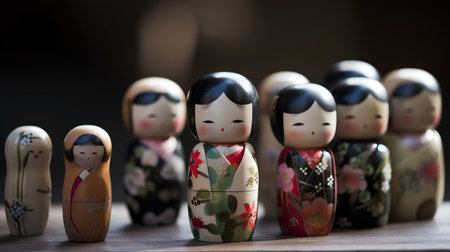Japanese Dolls on a wooden table. Selective focus with shallow depth of field.の素材
