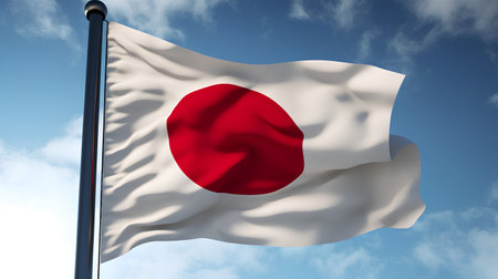 Japan flag waving in the blue sky. 3d render illustration.の素材