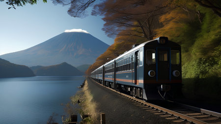 Train and Mt. Fuji at Lake Kawaguchiko in Japanの素材