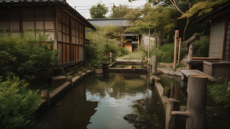 Japanese garden with a pond in the middle of the old house.の素材